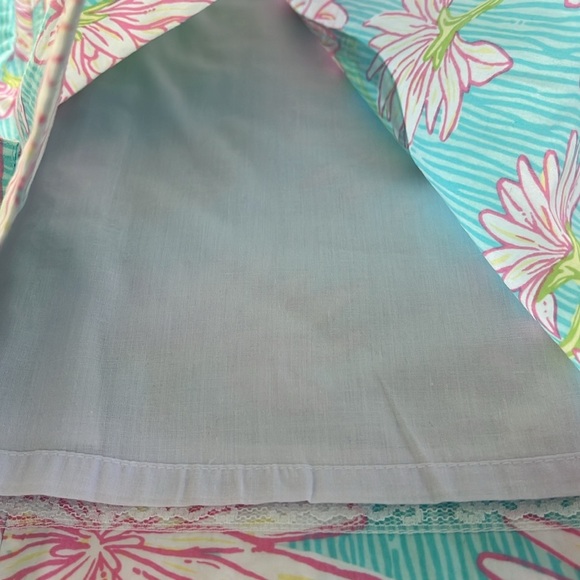 Lilly Pulitzer Girls Size 7 Aqua Pink Floral Shift Dress Pockets & Side Tie - Picture 6 of 13